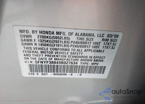 2009 Honda Pilot Touring z USA, uszkodzony, nr VIN 5FNYF38849B027634